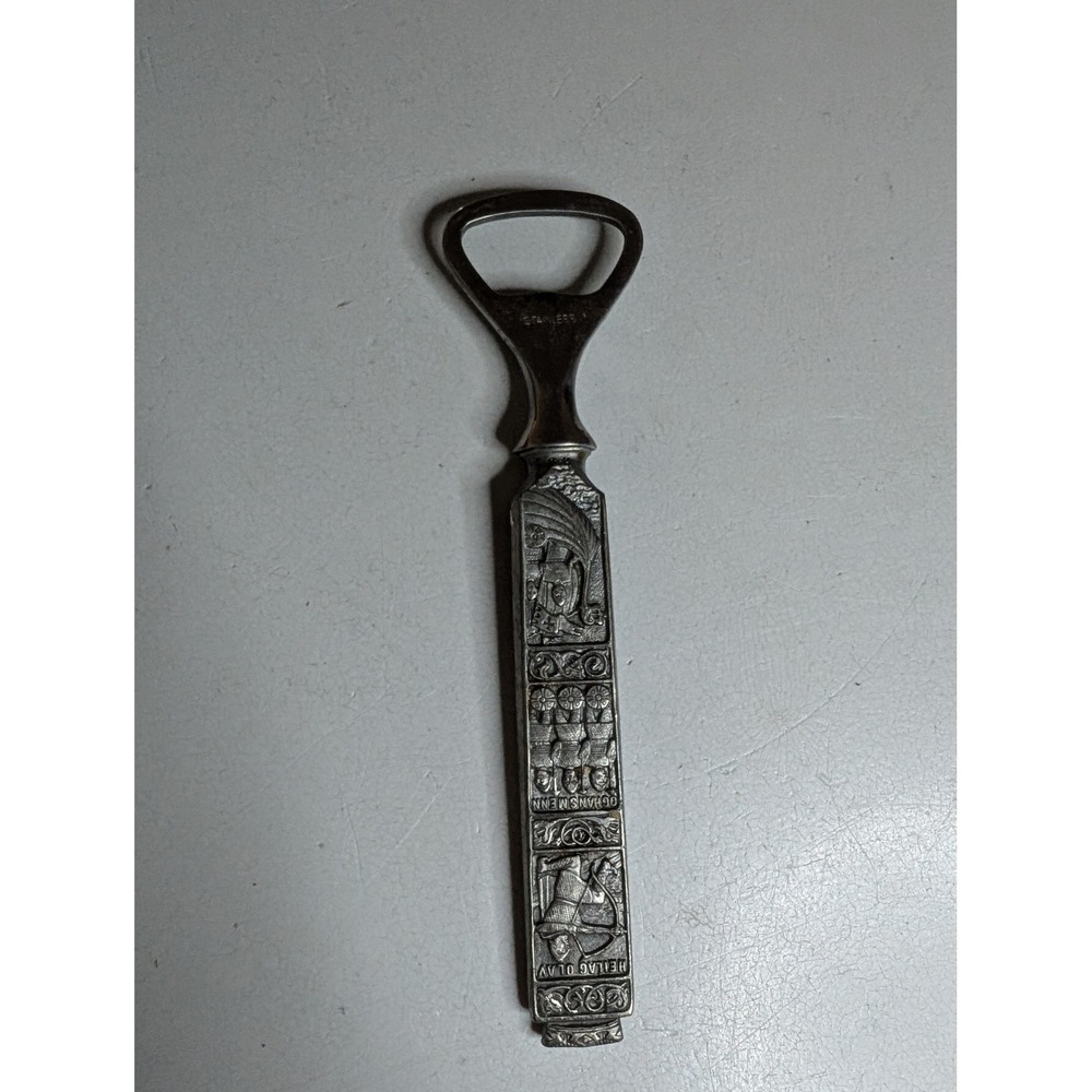 Vintage Heilag Olav Norwegian Pewter Bottle Opener Saint Olaf Viking Barware